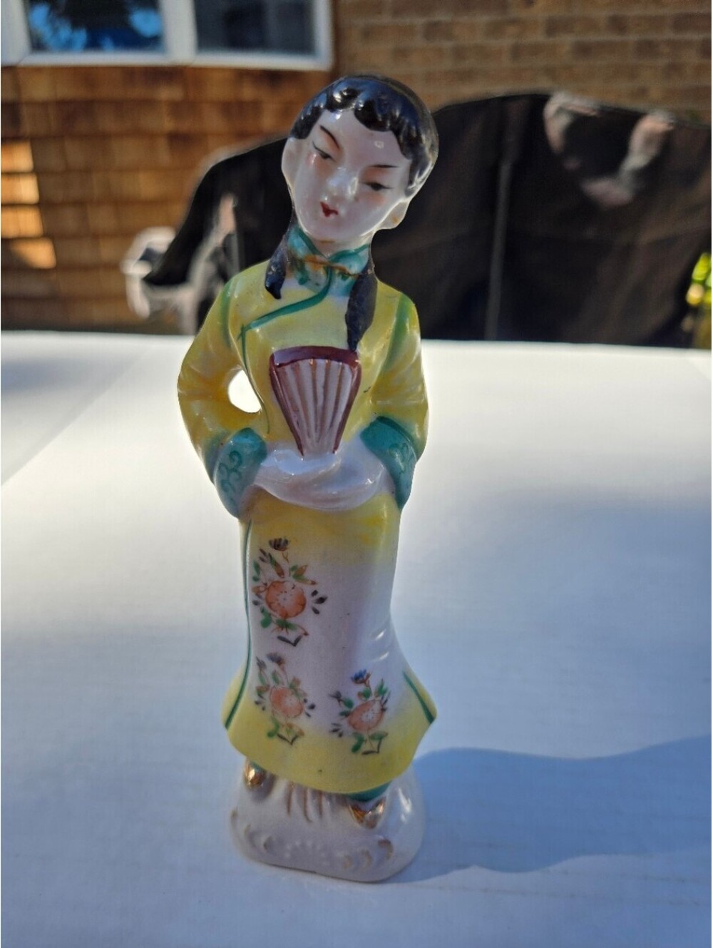 Vintage Asian Woman Porcelain Figurine Holding Fan Hand Painted Mid-Century